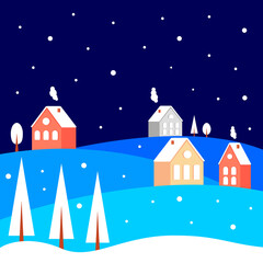 Christmas night landscape with cute houses, snowdrifts and snowfall. Christmas background illustration. Vector illustration in flat style.