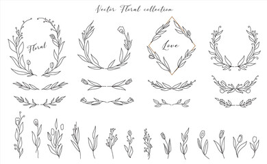 Set of cute Hand drawn floral decorative design elements. frames wreath dividers flowers, branches. vector illustration