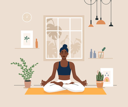 Young woman doing yoga exercises, practicing meditation on lotus pose on the mat. Black female character practicing in yoga studio or home. Trendy flat vector illustration.