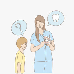 Female dentist holds denture model and teaching boys teeth. Dental concept. Hand draw style. Vector illustration.