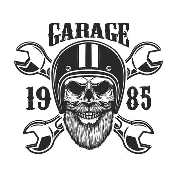 Garage. Bearded skull in racer helmet with crossed wrenches. Design element for logo, label, sign, emblem, poster, t shirt. Vector illustration