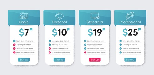 Cloud computing, Monitor settings and Bitcoin system line icons set. Price table chart, business plan template. Startup sign. Online storage, Service cogwheel, Cryptocurrency monitor. Vector