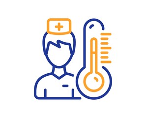 Thermometer with doctor line icon. Temperature diagnostic sign. Fever measuring symbol. Quality design element. Line style thermometer icon. Editable stroke. Vector