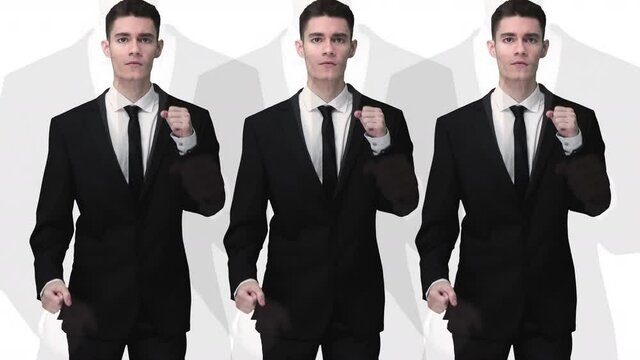 Cloned usinessman running against white