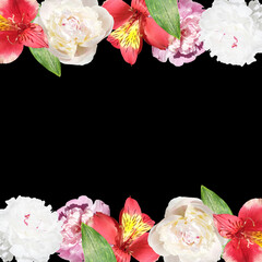Beautiful floral frame of peonies and Alstroemeria. Isolated