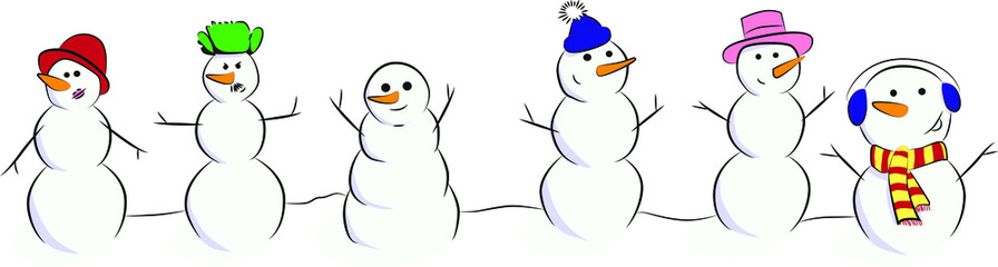 Six snowmen in different clothes with carrot noses. Snowmen in funny hats.