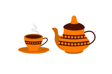 vintage tea pot with lid and curve handle and tea cup isolated on white background vector illustration.  
