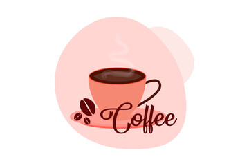 Hot coffee in  cup with text space decorated with coffee beans isolated on white background vector design for backgrounds, menu cover, banners, posters illustration.  
