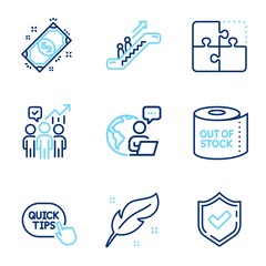 Business icons set. Included icon as Business statistics, Escalator, Puzzle signs. Feather, Confirmed, Payment symbols. Toilet paper, Quick tips line icons. Working report, Elevator. Vector