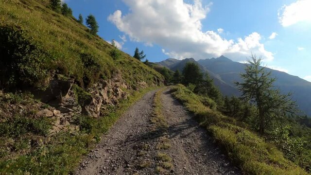 Dangerous mountain road with an offroad without asphalt. Mountains, natural road and trees are in the picture