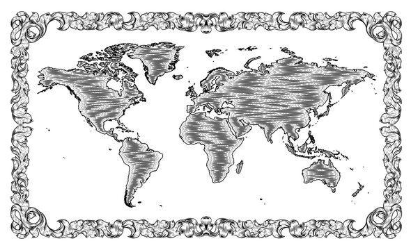 A world map in a vintage woodcut engraved style