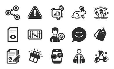 Gift, Copywriting and Dj controller icons simple set. Statistics timer, Buyer and View document signs. Share, Person idea and Sale tags symbols. Flat icons set. Vector