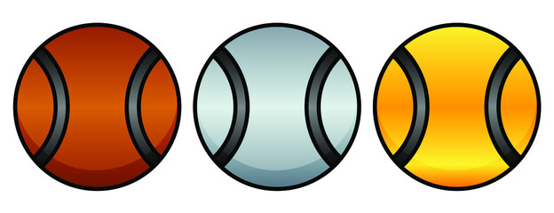 Tennis balls colored in bronze, silver and gold with black shiny stripes. Badges or medals for winning tournament or award for champion and participants of sports game. Simple icon on white background