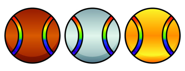 Tennis balls colored in bronze, silver and gold with rainbow stripes. Badges or medals for winning tournament or award for champion and participants of sports game. Simple icon on white background.