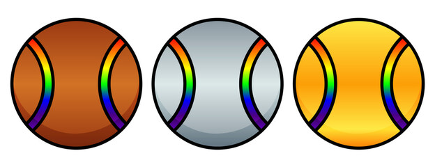 Tennis balls colored in bronze, silver and gold with rainbow stripes. Badges or medals for winning tournament or award for champion and participants of sports game. Simple icon on white background.