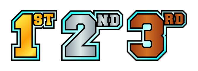 1st, 2nd, 3rd numbers and letters in bronze, silver and golden color with light blue crystal outline. Badges for awarding winners and participants of sports tournaments. Icons for rating and ranking.