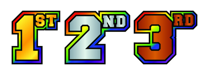 1st, 2nd, 3rd numbers and letters in bronze, silver and golden color. Badges for awarding winners and participants of sports tournaments. Icons for rating and ranking. With rainbow colored outline.