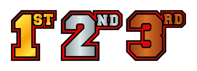 Fototapeta premium 1st, 2nd, 3rd numbers and letters in bronze, silver and golden color with red outline. Badges for awarding winners and participants of sports tournaments. Icons for rating and ranking.
