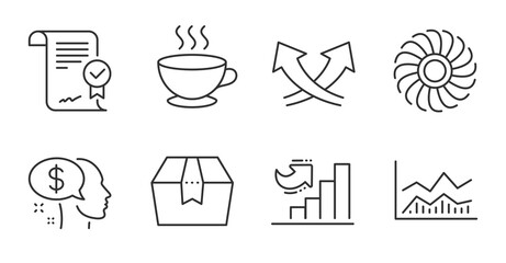 Intersection arrows, Fan engine and Trade infochart line icons set. Pay, Approved agreement and Coffee cup signs. Growth chart, Package box symbols. Exchange, Ventilator, Business analysis. Vector
