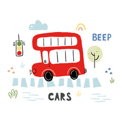 Cute childish print with hand drawn cute car. Cartoon cars, road sign, zebra crossing vector illustration. Perfect for kids fabric,textile,nursery wallpaper - 400972330