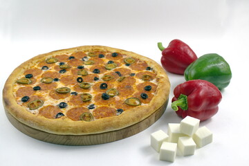 
pizza with sausage, pepper and cheese