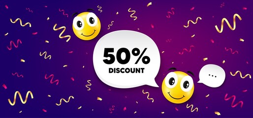 Naklejka premium 50 percent discount. Smile face with speech bubble. Sale offer price sign. Special offer symbol. Smile character with confetti. Discount speech bubble icon. Yellow face background. Vector