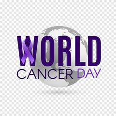 World cancer day background with purple ribbon and earth.