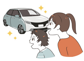 普通自動車を見る　喜ぶ親子