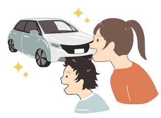 普通自動車を見る　喜ぶ親子(線無し)