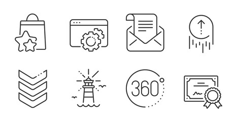 360 degrees, Swipe up and Shoulder strap line icons set. Seo gear, Lighthouse and Certificate signs. Loyalty points, Mail newsletter symbols. Full rotation, Scrolling page, Army rank. Vector