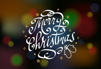 Merry Christmas handmade lettering on background with bokeh effect. vector illustration