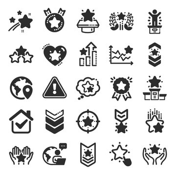 Ranking icons. First place, star rating and winner medal. Shoulder strap, army achievement and victory ribbon icons. Star ranking, champion and winner trophy. Best level. Flat icon set. Vector