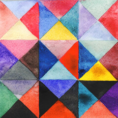 Watercolors triangles and squares, multicolored ornament, seamless pattern purple blue lilac green beige pink red black.