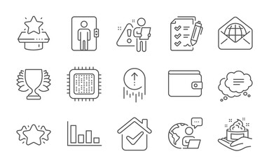 Fototapeta premium Text message, Winner podium and Winner line icons set. Histogram, Web mail and Money wallet signs. Swipe up, Cpu processor and Star symbols. Elevator, Skin care and Survey checklist. Vector