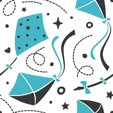 Cute baby seamless pattern. Kites with ribbons and bows on a white background. Can be used for wallpaper, fabric, wrapping paper or decoration. Vector hand drawn illustration