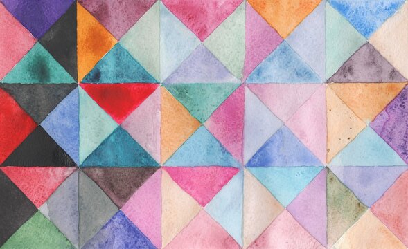 Fototapeta Watercolors triangles and squares, multicolored ornament, seamless pattern purple blue lilac green brown beige black pink red