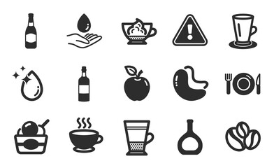Water care, Cashew nut and Apple icons simple set. Food, Ice cream and Brandy bottle signs. Coffee cup, Water drop and Coffee-berry beans symbols. Espresso cream, Beer bottle and Teacup. Vector