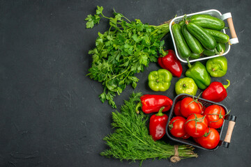 top view fresh red tomatoes with greens and bell-peppers on dark background color photo meal salad ripe