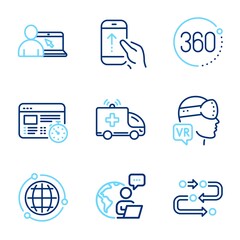 Science icons set. Included icon as Augmented reality, Online education, 360 degrees signs. Swipe up, Ambulance car, Methodology symbols. Web timer, Globe line icons. Line icons set. Vector