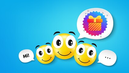 Gift box banner. Smile face with speech bubble. Discount sale sticker. Coupon present icon. Smile face character. Gift box speech bubble icon. Chat background. Vector