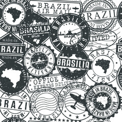 Fototapeta premium Brasilia - Federal District, Brazil Set of Stamps. Travel Passport Stamps Pattern. Made In Product. Design Seals in Old Style Insignia Seamless. Icon Clip Art Vector Collection.