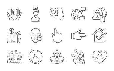 Smile face, Love and Hold heart line icons set. Click hand, Romantic talk and Income money signs. Vip table, Problem skin and User info symbols. Doctor, Gift and Hand click. Line icons set. Vector