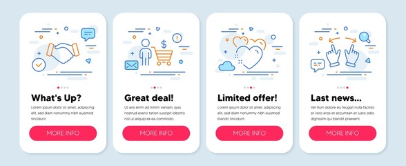 Set of People icons, such as Heart, Buyer, Handshake symbols. Mobile screen app banners. Move gesture line icons. Love, Shopping cart, Deal hand. Swipe. Heart icons. Mobile screen carousel. Vector
