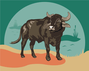 Vector image of Cow, Bull, water Buffalo flat illustration, symbol of 2021 on the Chinese calendar on green background