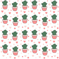 cute potted cactus seamless vector pattern background illustration with hearts and dots