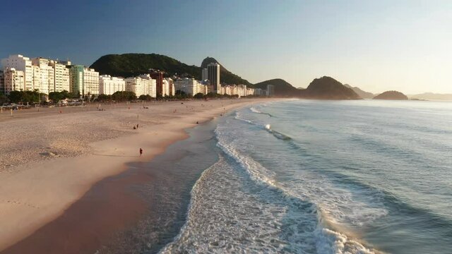 Aerial view of Copacabana beach in Rio de Janeiro at sunrise. Brazil.