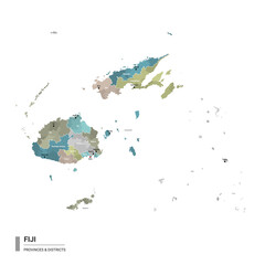 Fiji higt detailed map with subdivisions. Administrative map of Fiji with districts and cities name, colored by states and administrative districts. Vector illustration.