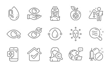 Medical phone, Medical food and Nurse line icons set. Cold-pressed oil, Health eye and Collagen skin signs. Check eye, Face biometrics and No alcohol symbols. Skin condition, Myopia. Vector