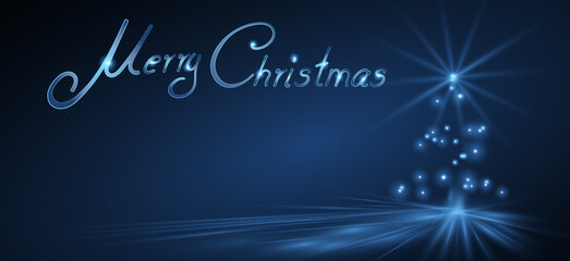 Leuchtender Schriftzug Merry Christmas auf dunkelblauem Hintergrund mit funkelndem Weihnachtsbaum.