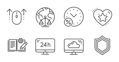 Loan percent, Swipe up and Engineering documentation line icons set. Magistrates court, Security and Ranking star signs. 24h service, Cloud storage symbols. Discount, Scrolling page, Manual. Vector